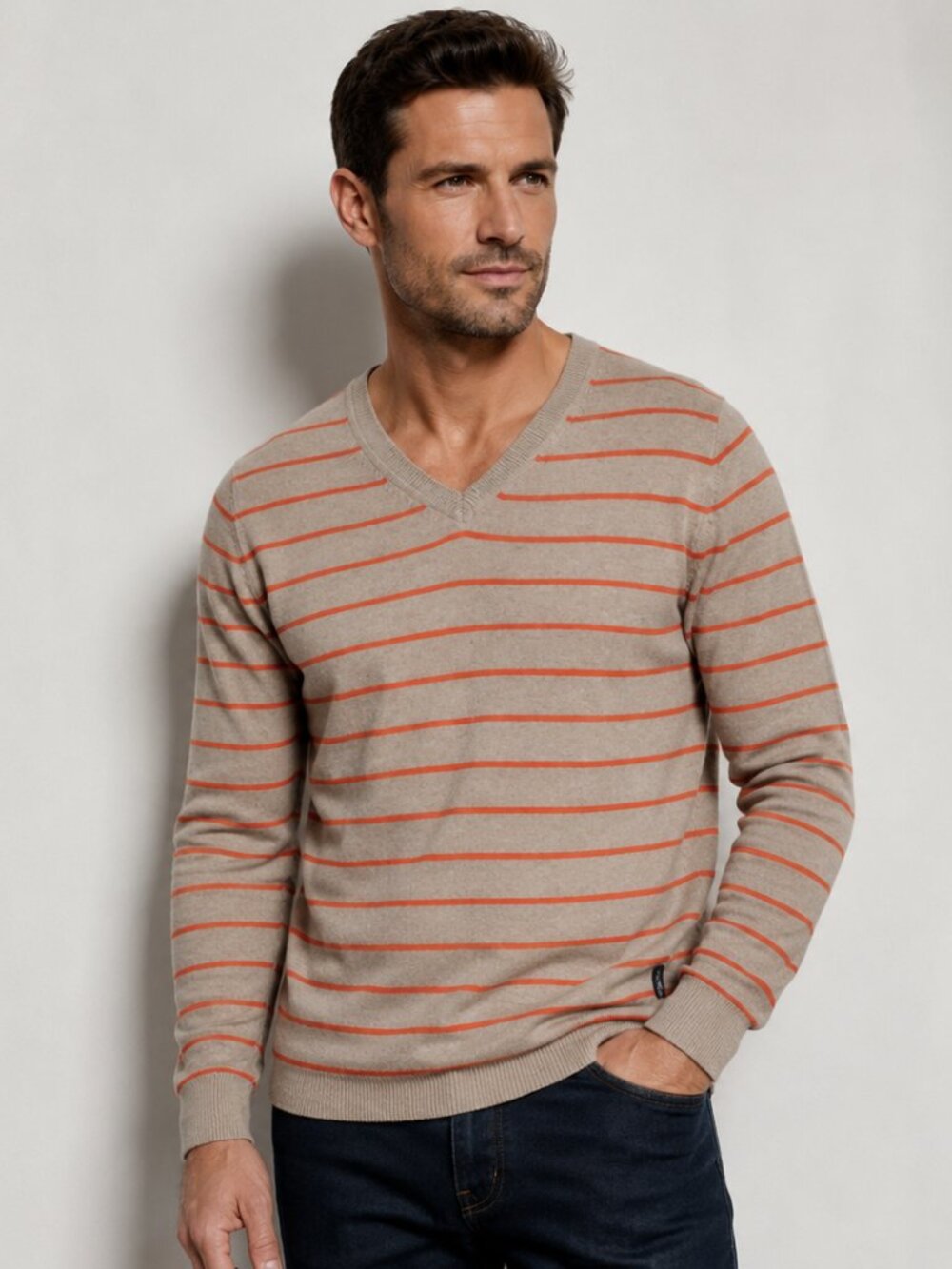 Armani Exchange Mens Pullover Cotton Cashmere Striped V-Neck Medium Tan Orange